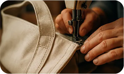 Руки майстра шиють еко-сумку на швейній машинці